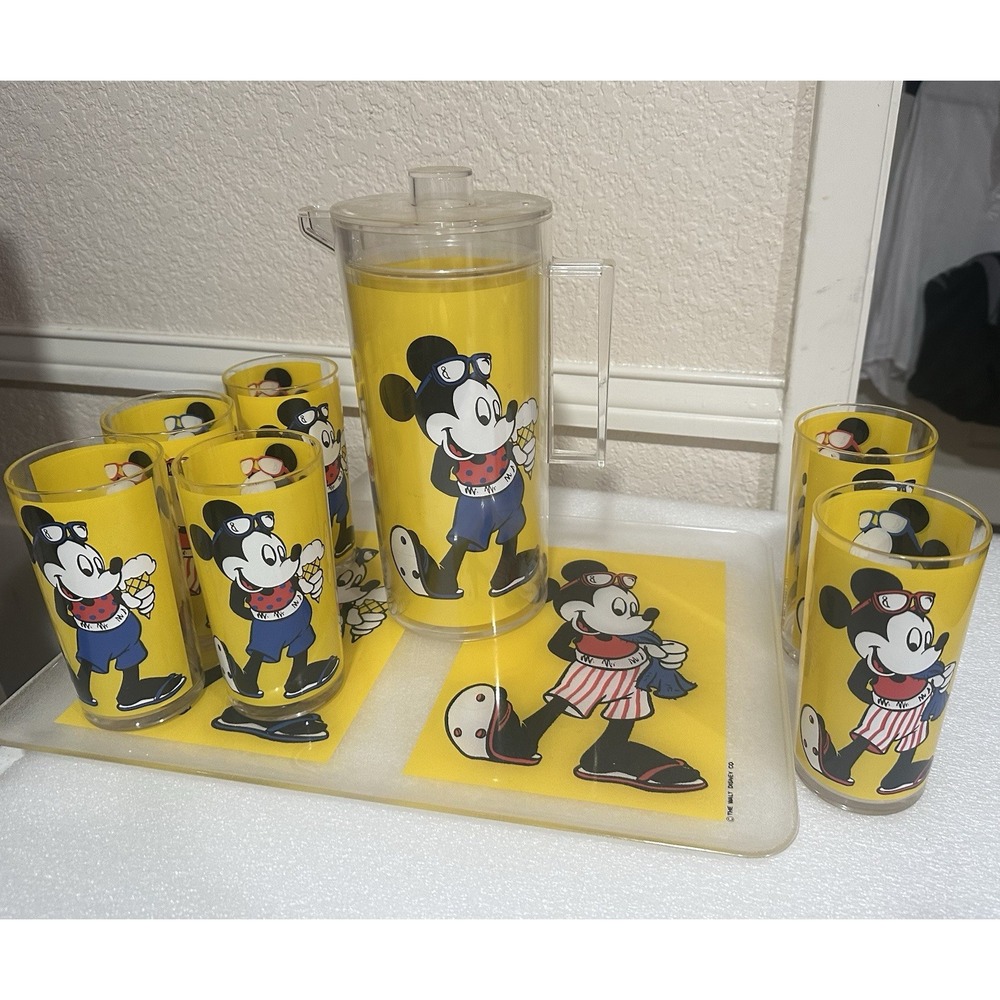 Vintage Stotter Mickey Mouse Pitcher, Tray And 6 Plastic Tall Cups.  Super Fun.